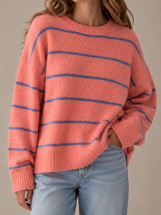 J. Crew Sweaters - J. Crew Coral Pink Crewneck Sweater with Blue Stripes